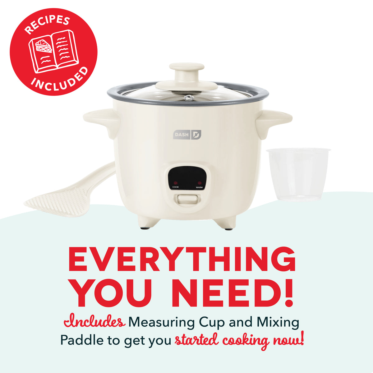 White Dash mini rice cooker with glass lid, heating element, cook/warm buttons, two handles, measuring cup, and mixing paddle