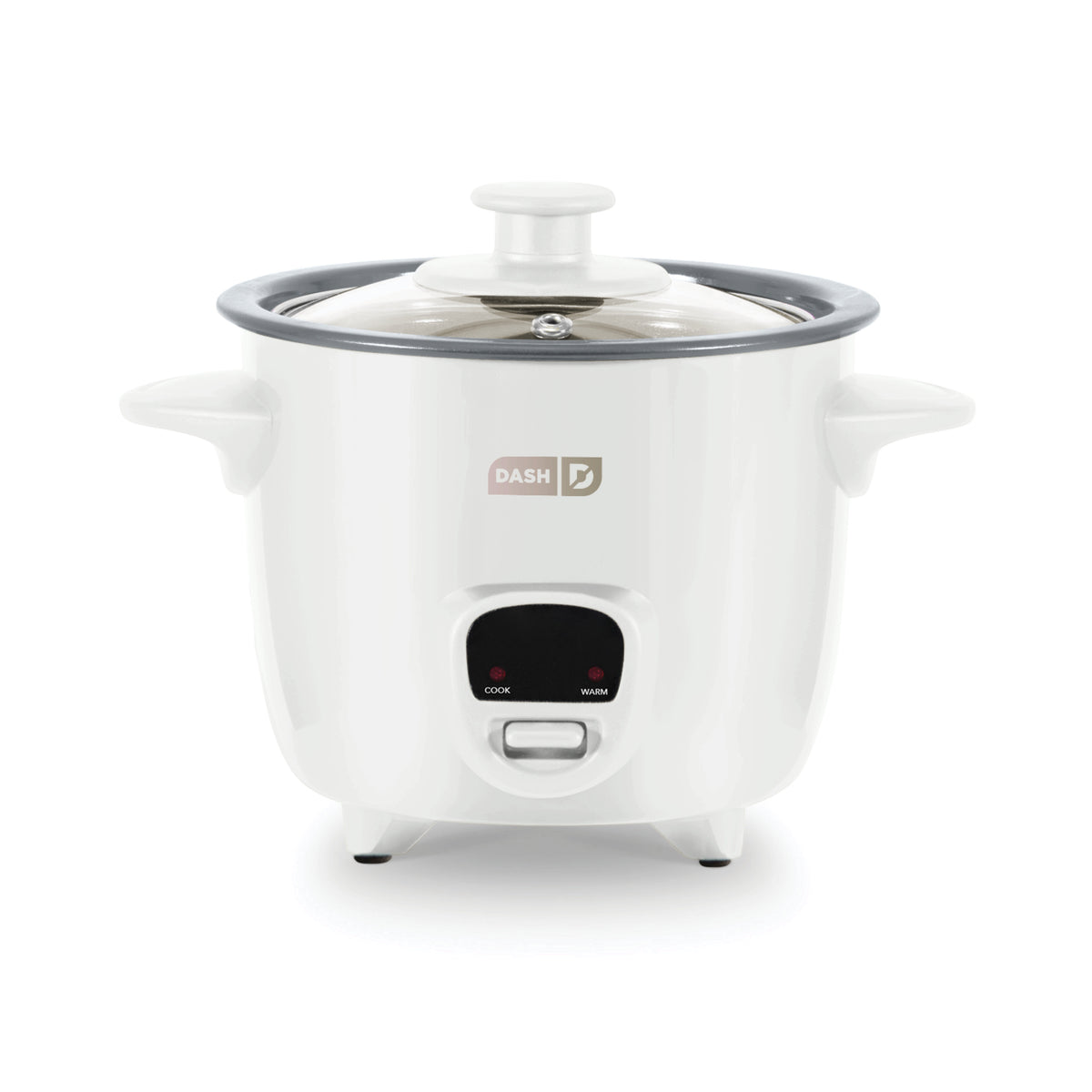White Dash mini rice cooker with glass lid, dual handles, and control panel showing cook and warm settings.