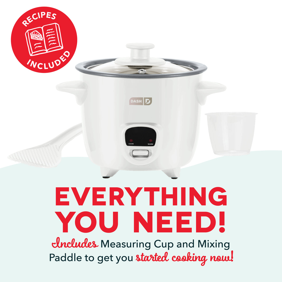 White Dash mini rice cooker with glass lid, measuring cup, and mixing paddle included.