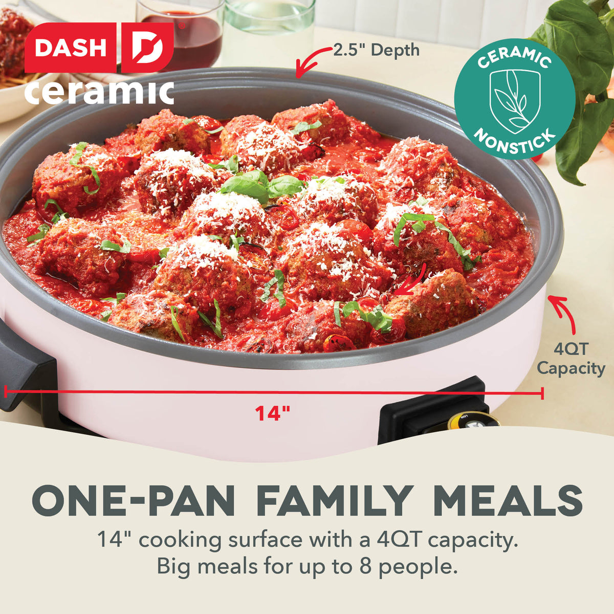 Pink ceramic skillet with gray nonstick surface containing meatballs in red sauce, 14" diameter, 2.5" depth, 4QT capacity.