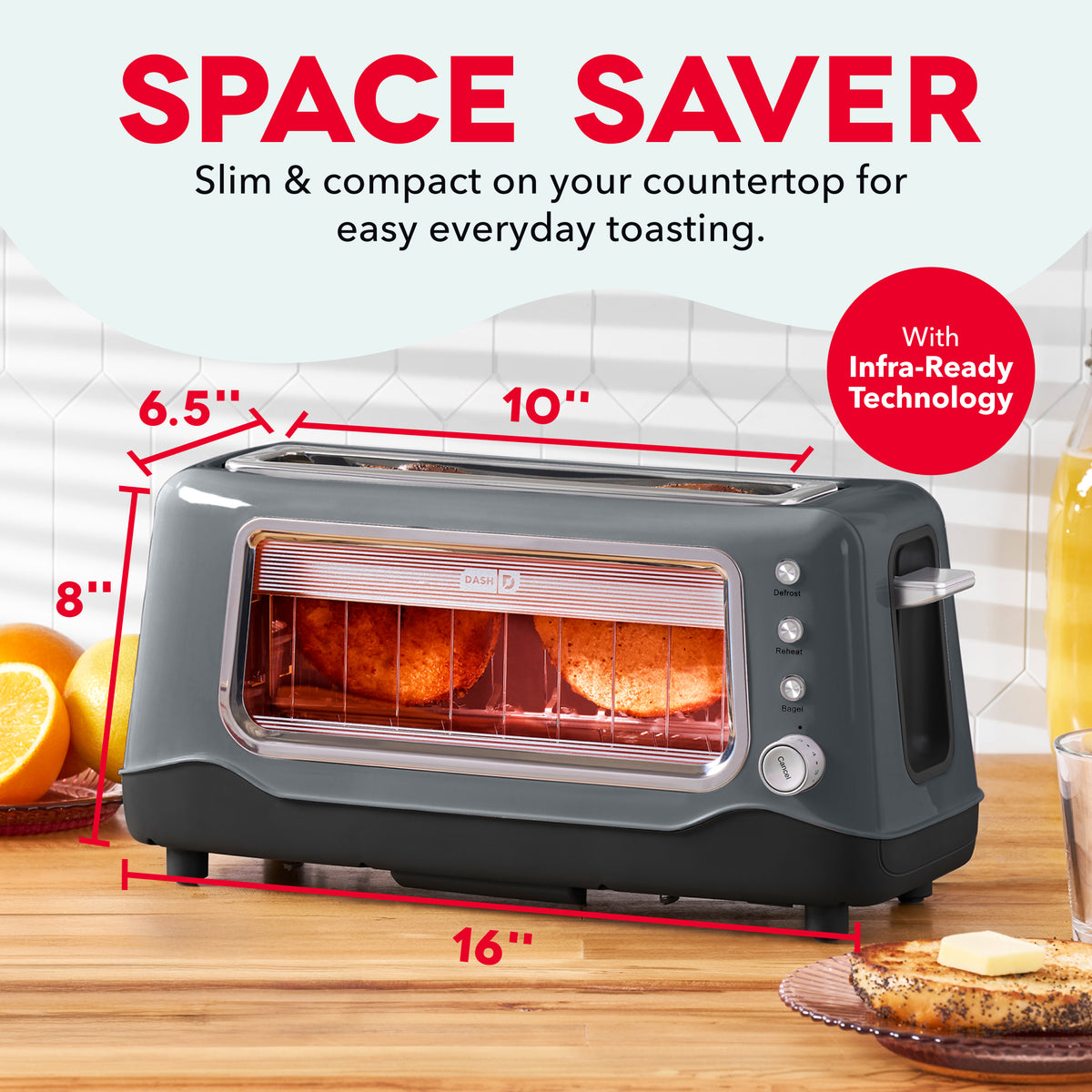 Black toaster with clear window showing glowing heating elements and toast inside, displayed with dimensions and citrus fruit