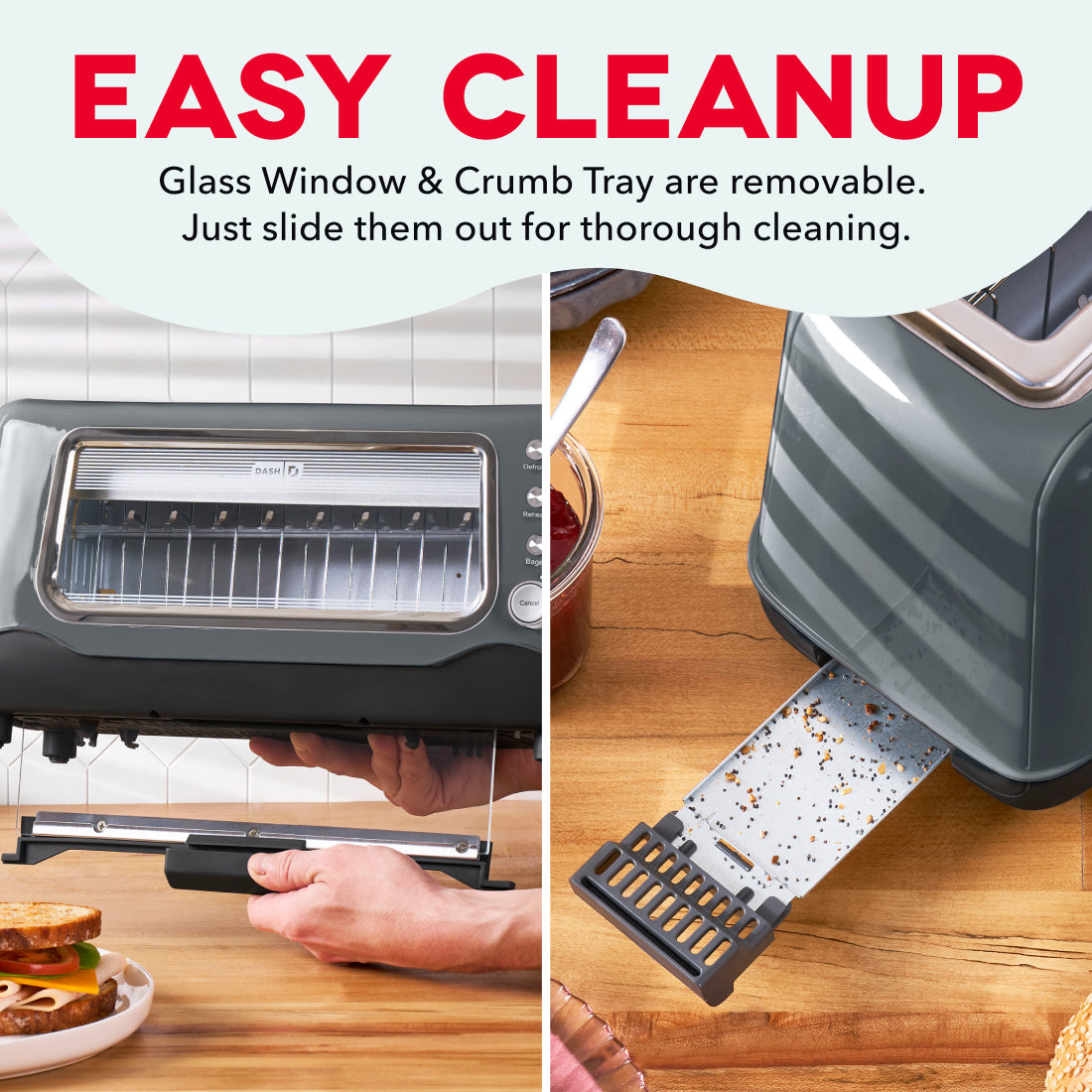 Black toaster with clear glass window showing interior heating elements and removable crumb tray being pulled out.
