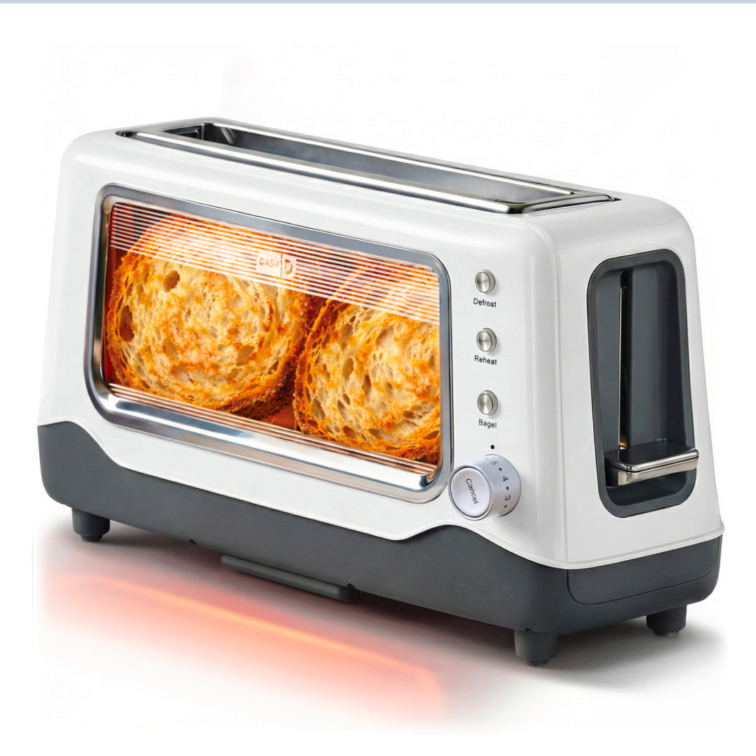 White and black toaster with clear glass front window displaying two toasted slices inside, control buttons on side.