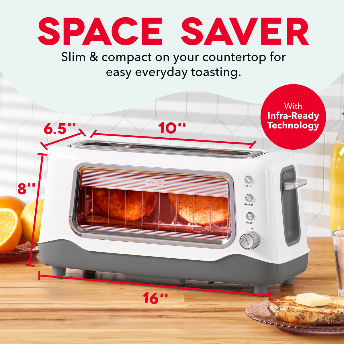 White and gray toaster with clear glass viewing window showing toasted bread inside, control dial, and black handle on wooden