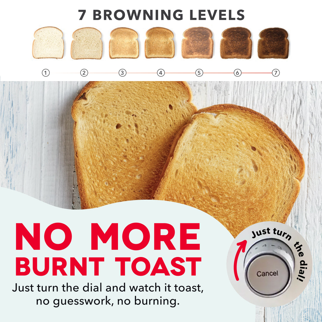 Two slices of golden-brown toast on white wood surface with browning level guide showing seven shade options and control dial