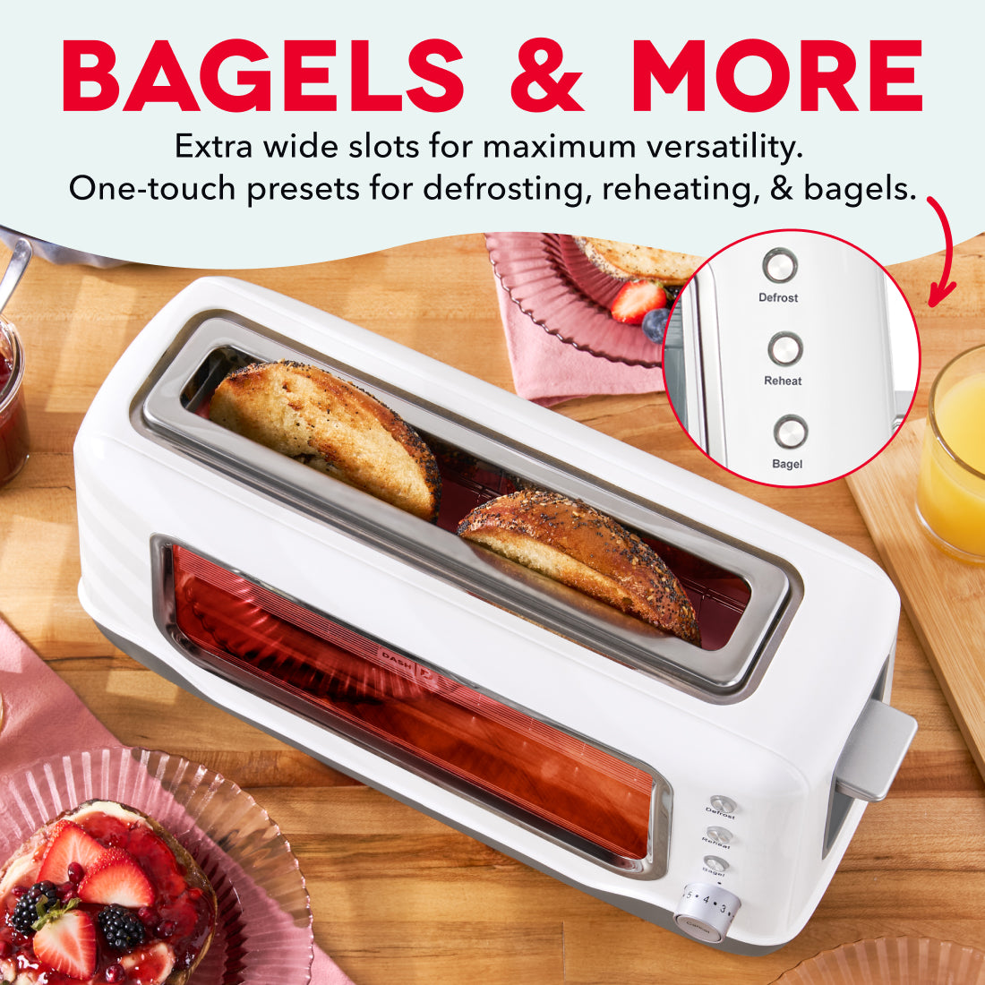 White toaster with extra-wide slots containing two toasted bagels, featuring defrost, reheat, and bagel preset buttons on the