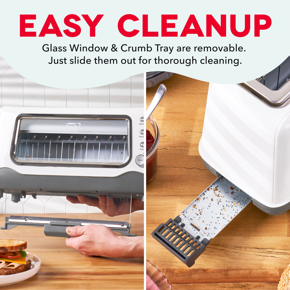 White toaster with removable glass window and crumb tray being demonstrated for cleaning maintenance.
