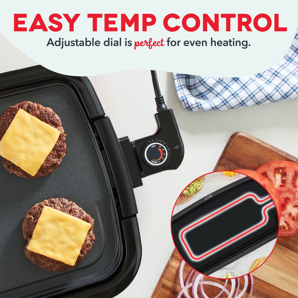 Black electric griddle with two beef patties topped with cheese, adjustable temperature dial, and power cord visible.