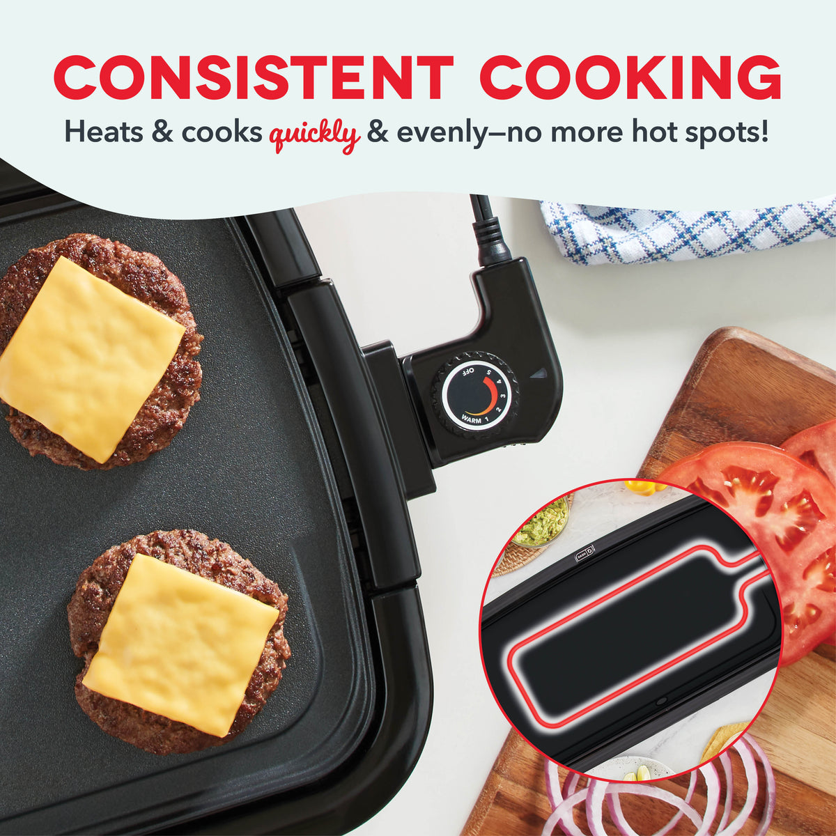 Black electric griddle with two burger patties topped with cheese, temperature dial, and removable handle.