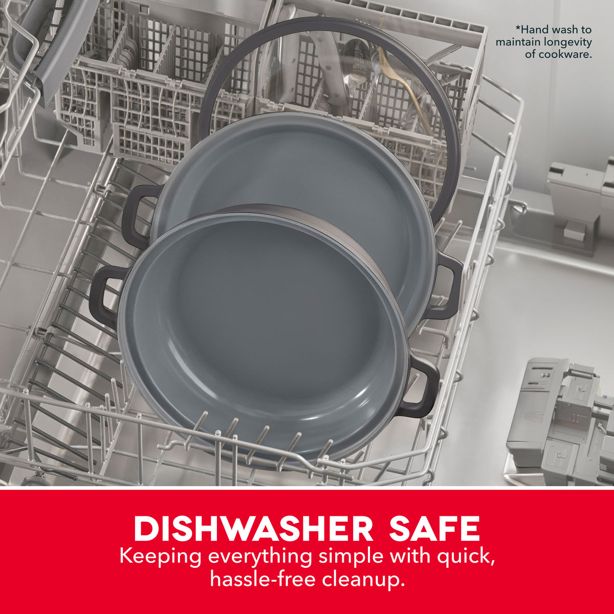 Two gray ceramic pots with black handles stacked in an open dishwasher rack.