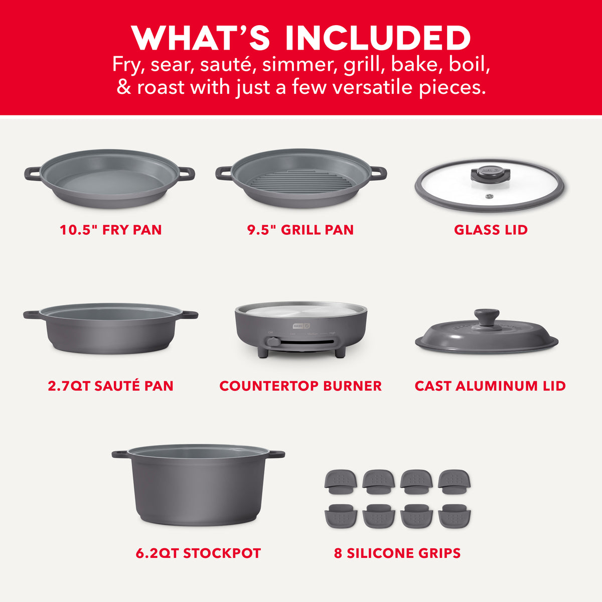 Gray ceramic cookware set including fry pan, grill pan, sauté pan, stockpot, electric burner, lids, and silicone grips.