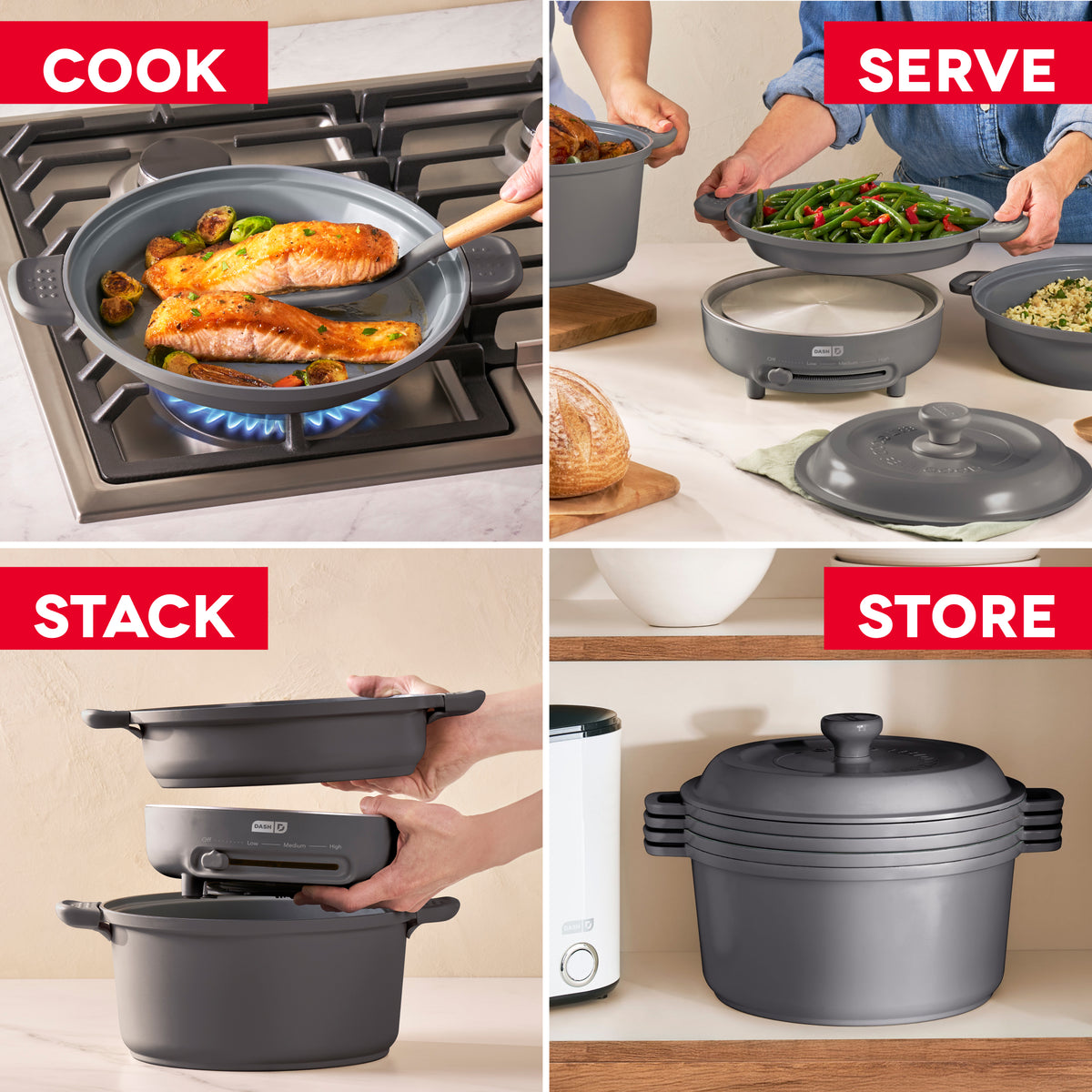 Gray ceramic cookware set with skillet, bowls, lids, and compact electric burner shown in cooking, serving, stacking, and sto