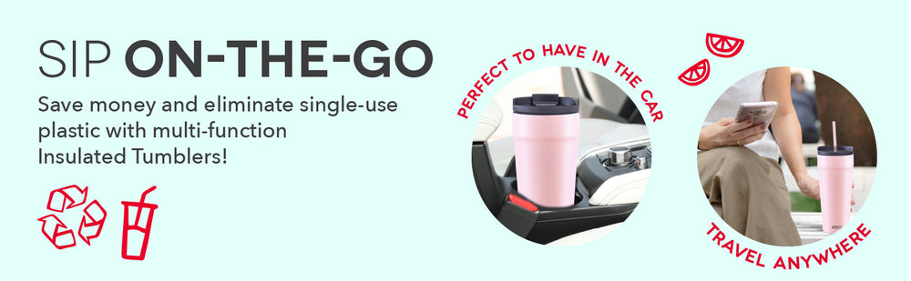Pink tumbler in the car and on-the-go. Save money and eliminate single use plastic. 