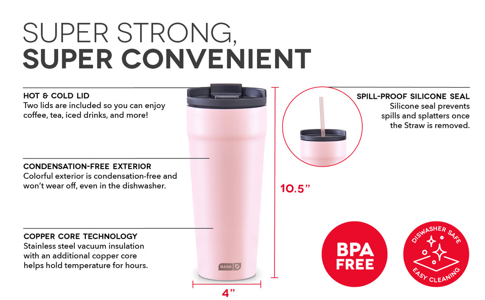 Pink insulated tumbler with features highlighted including dimensions, hot and cold lid, condensation-free exterior, copper-core technology, and spill-proof silicone seal. 