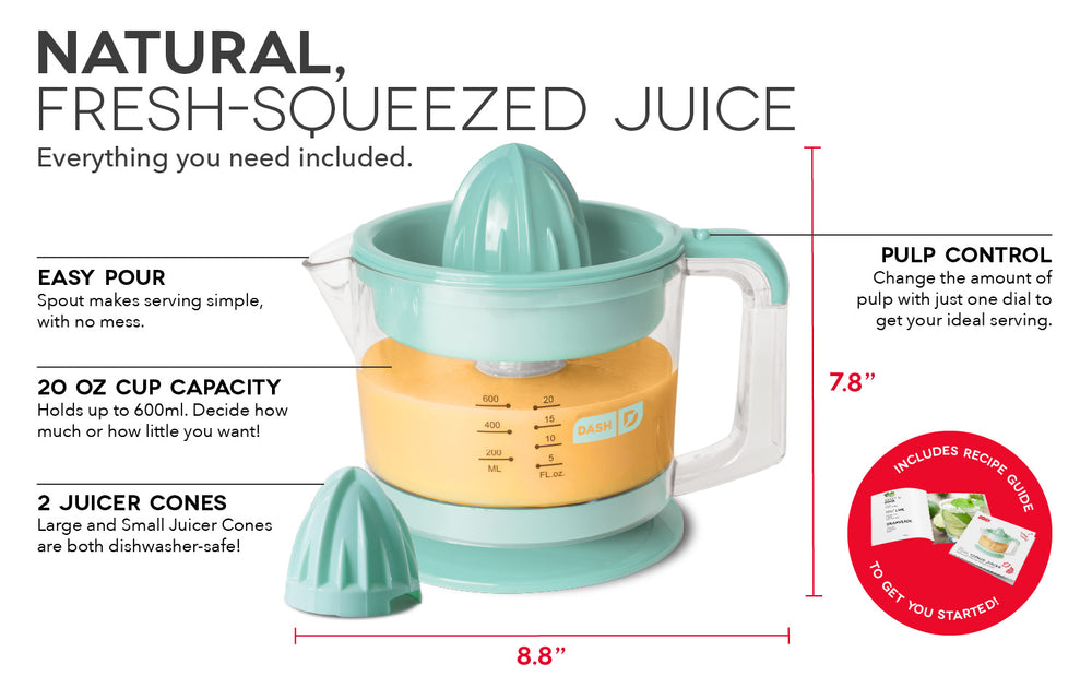 Dual Citrus Juicer features an easy-pour spout, 20 ounce cup capacity, dual juicer cones, and pulp control dial. 