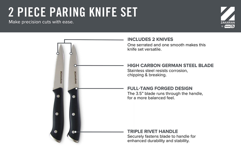 The 2 piece knife set includes one serrated and one smooth knife of high carbon German steel, full-tang forged design, and triple rivet handles. 