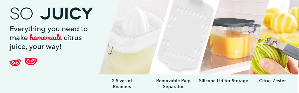 Includes 2 sizes of reamers, removable pulp separator, silicone lid, and a citrus zester.