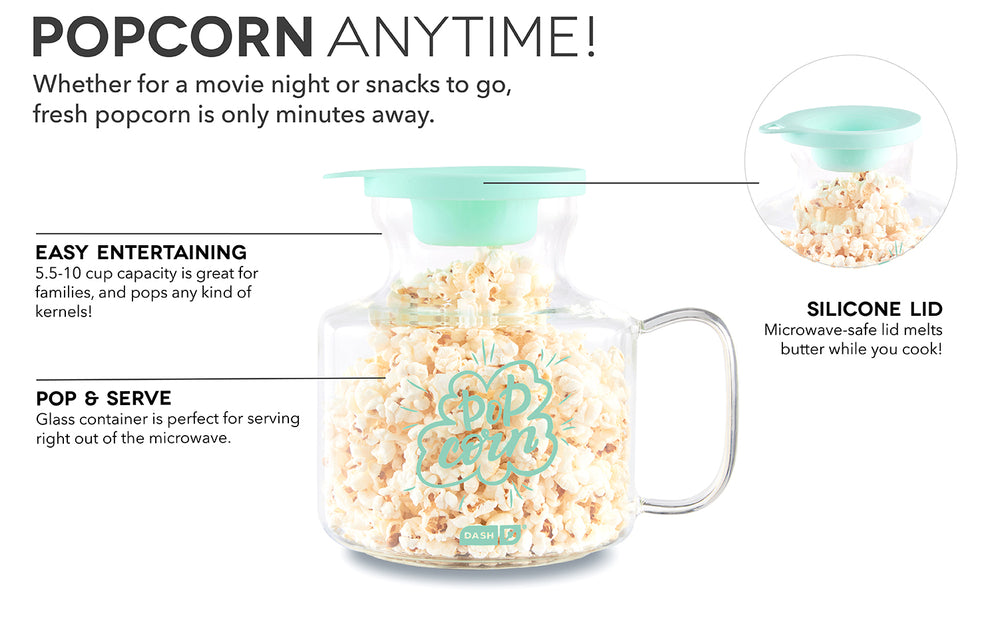Microwave Popcorn Popper includes a 5.5 to 10 cup capacity, glass container, and a silicone microwave-safe lid.