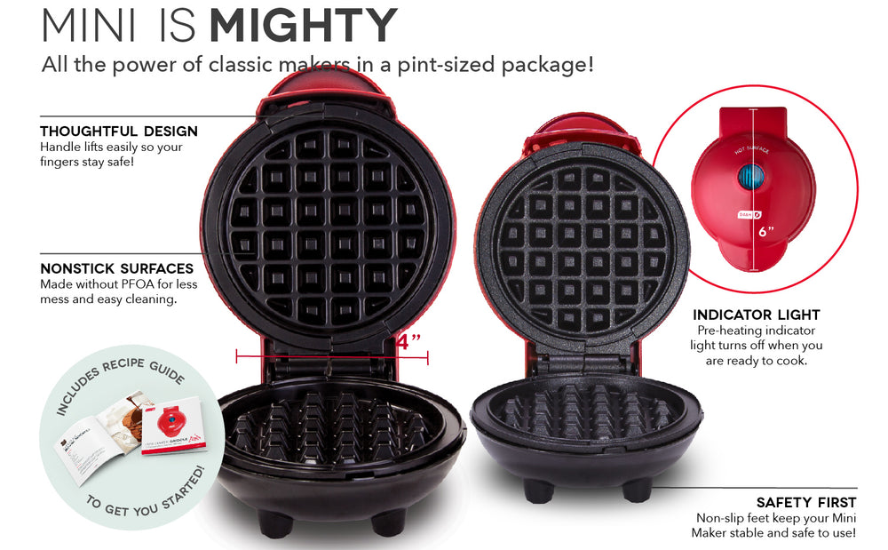 The Mini Maker Waffle and Griddle 2-pack features easy lift handles, nonstick surfaces, Indicator Light, and nonstick feet.