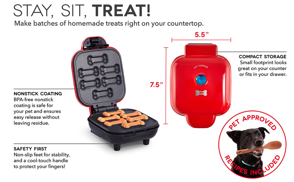 The Mini Dog Treat Maker features nonstick surfaces, nonslip feet, and a compact size.
