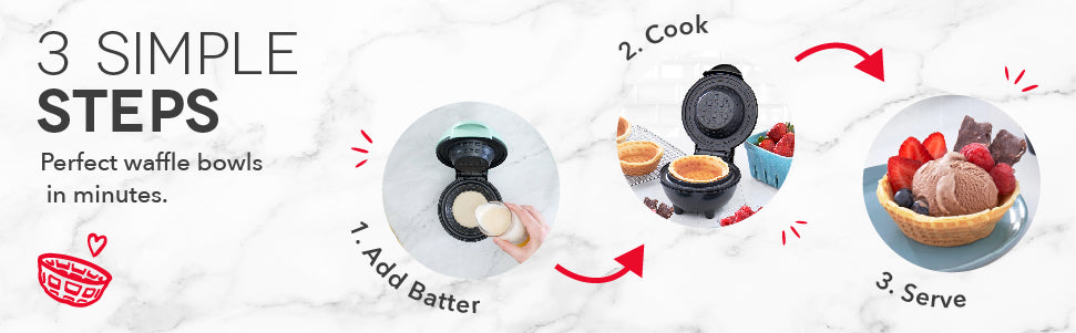 In 3 easy steps just add batter, cook, and serve.