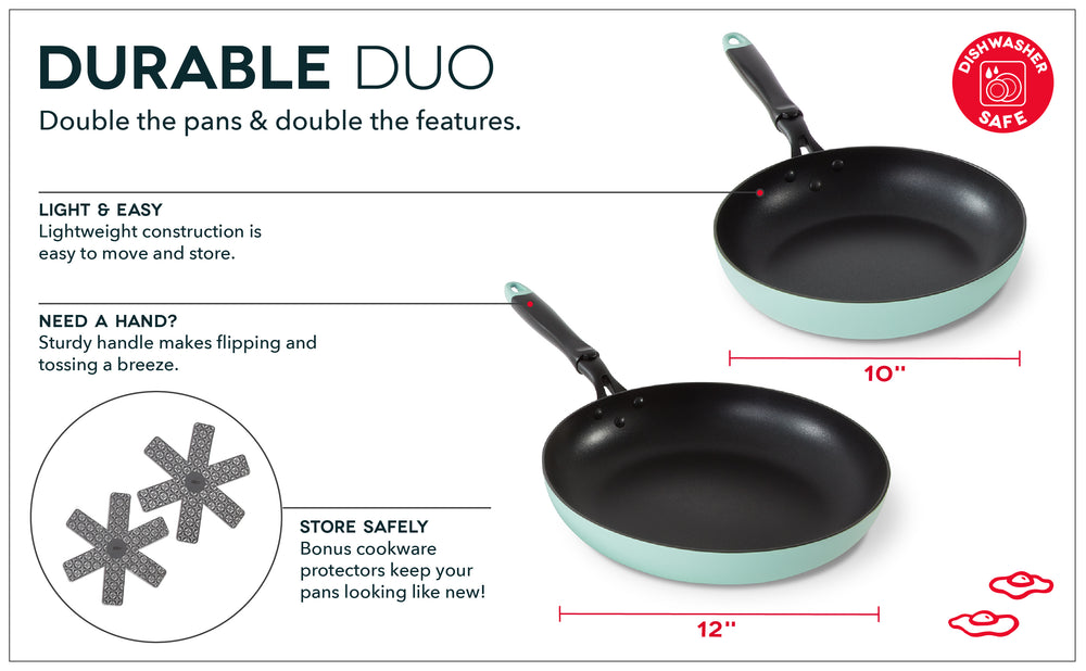 The durable pan duo is lightweight with a sturdy handle and safe storage protectors.