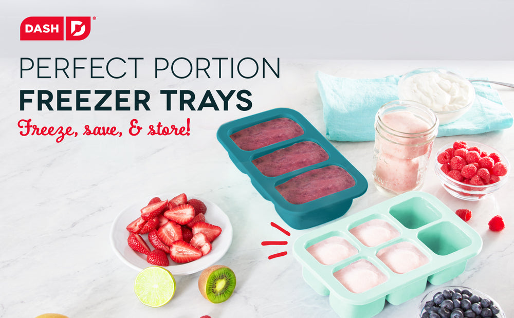 Fruit smoothies in aqua and teal Perfect Portion Freezer Trays.