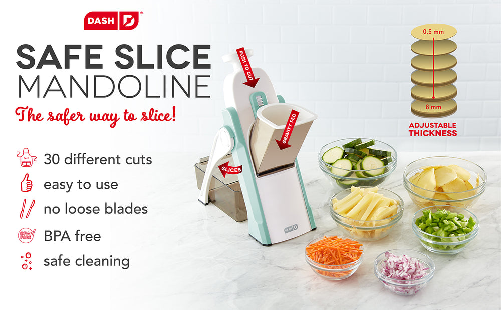 The mandoline is easy to use for 30 different cuts, with no loose blades, easy cleaning, and is BPA free.