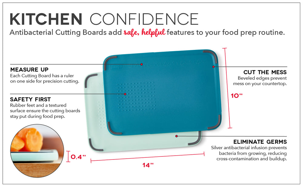Features a ruler, rubber feet, textured surface, beveled edges, and a silver antibacterial fusion for maximum safety.
