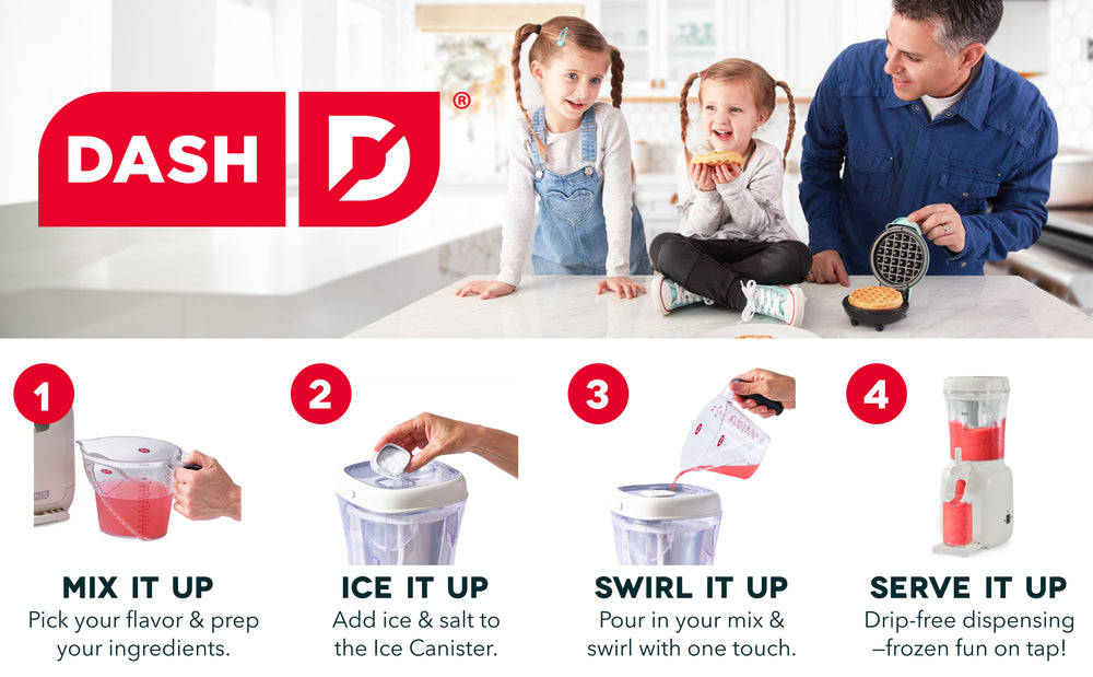 Dash product advertisement with a family using the product in a kitchen setting.