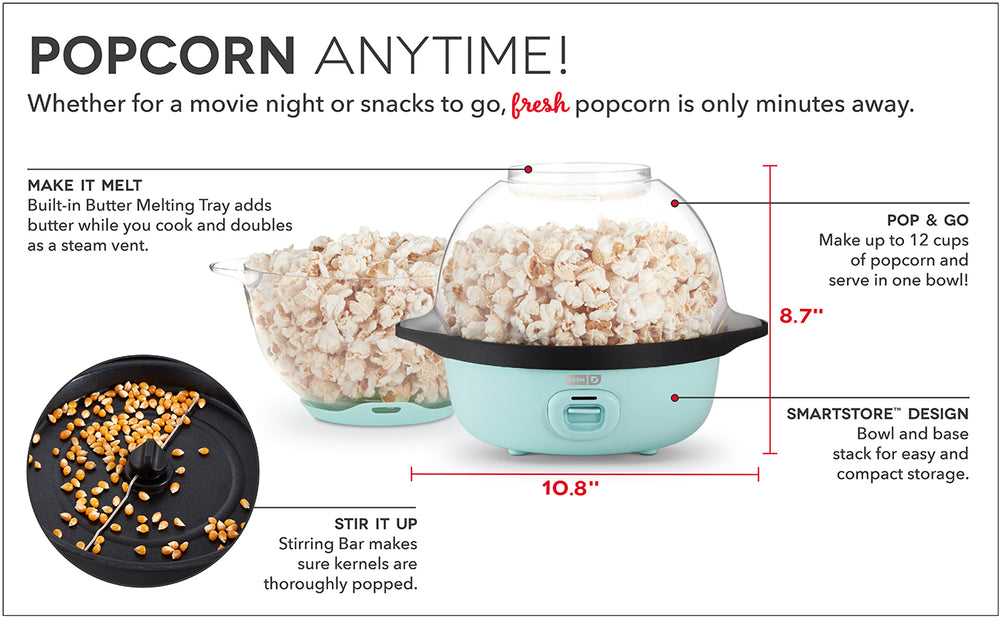DASH SmartStore™ Stirring Popcorn Maker, 3QT Hot Oil Electric Popcorn  Machine with Clear Bowl, 12 Cups - Aqua