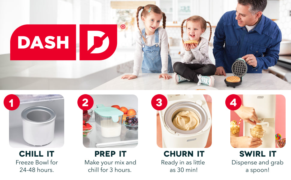 Dash kitchen appliance with step-by-step process and family using the product.