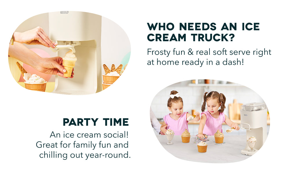 Advertisement for an ice cream-making device with text and images of children enjoying ice cream.