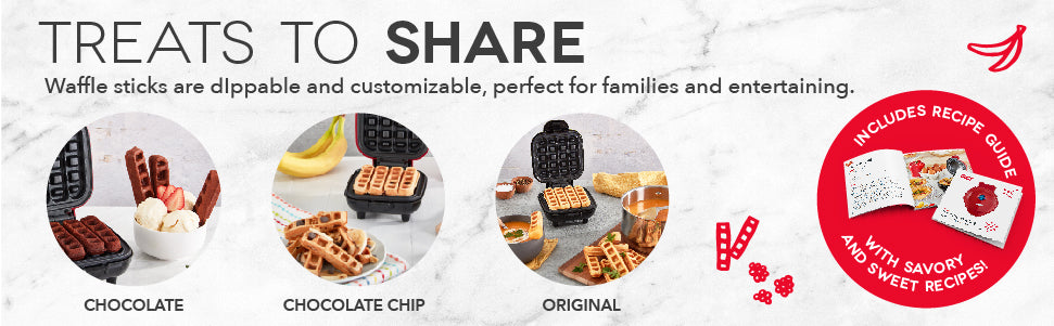 Dippable and customizable waffle sticks are perfect for families and entertaining. Try chocolate, chocolate chip, classic, and more from the recipe guide.