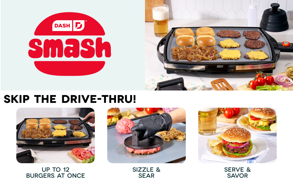 Dash Smash griddle cooking burgers, buns, and onions, showing large capacity, smash pressing, and serving finished burgers.