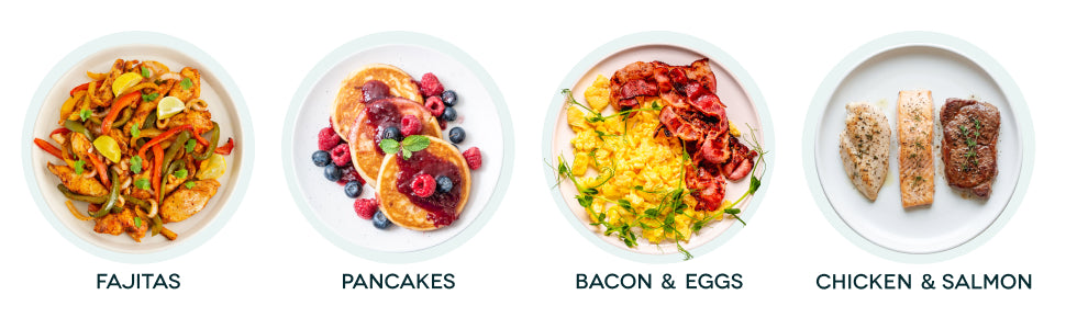 Meals made on Dash Smash griddle including fajitas, pancakes, bacon and eggs, and grilled chicken and salmon.