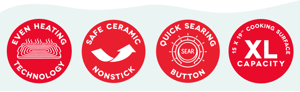 Dash Smash griddle features icons for even heating, ceramic nonstick surface, quick sear button, and XL cooking area.