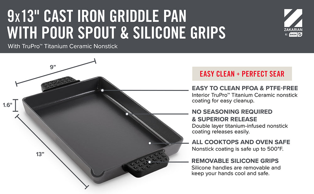 Features of the 9x13 inch Cast Iron Griddle Pan include PFOA and PTFE-free nonstick coating, no seasoning required & superior release, safe for all cooktops and ovens, a pour spout, and silicone grips.