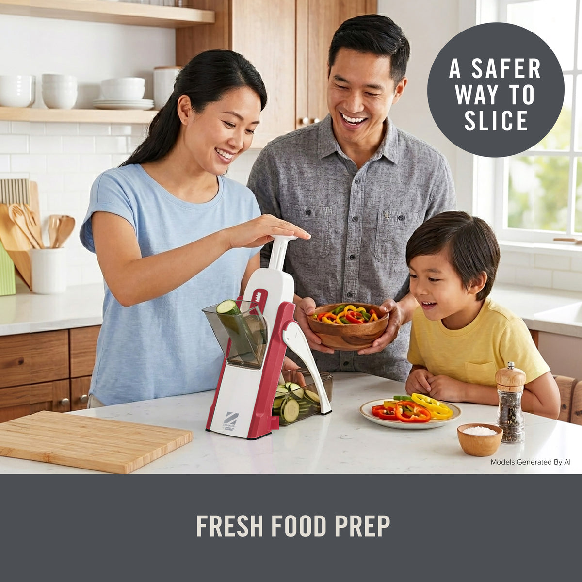 White and red mandoline slicer on kitchen counter with family slicing vegetables into bowl.