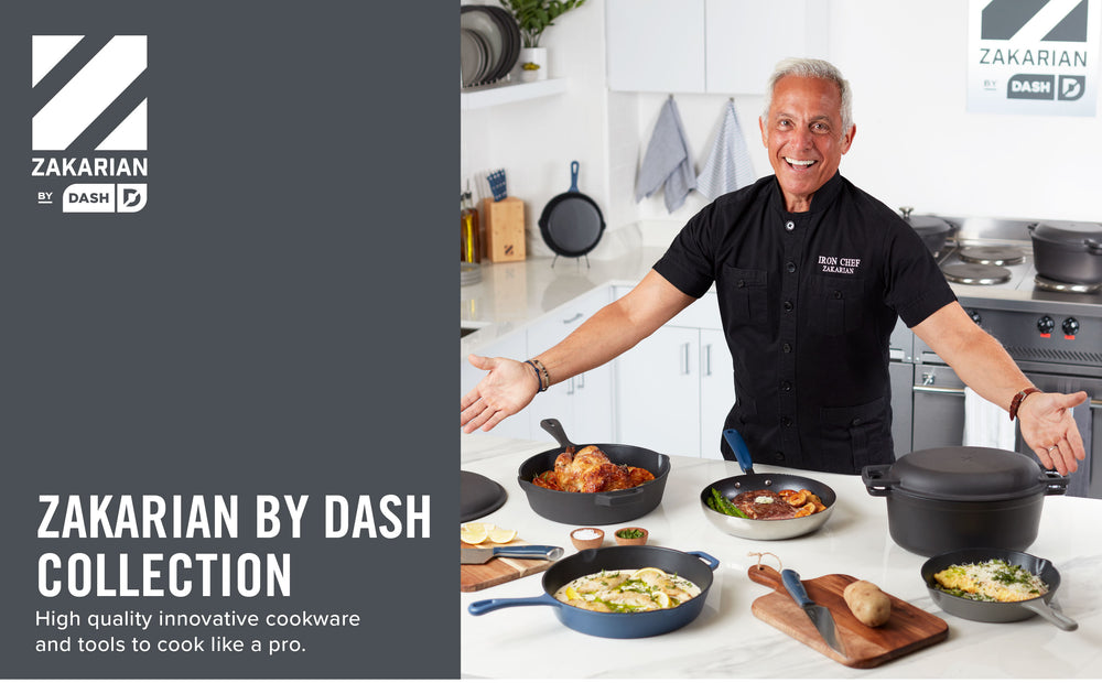 Chef Geoffrey Zakarian displays the Zakarian by Dash cookware with delicious food.