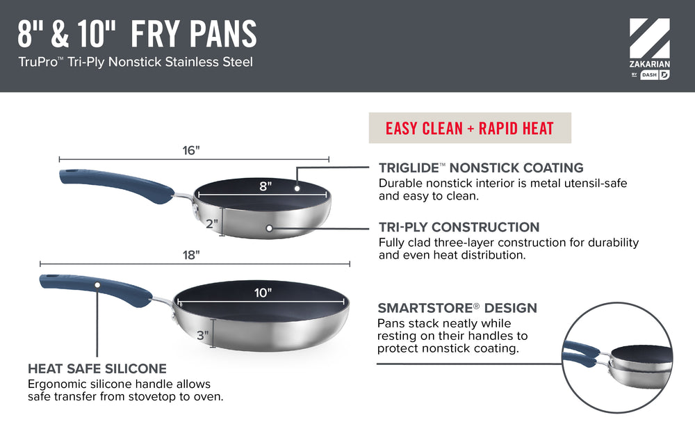 Features a silicone handle, nonstick coating, try-ply construction, and smart-store stackable design.