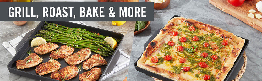 Grill, roast, bake and more on the 12”x12” Nonstick Cast Iron Grill Topper. Two pans sit side by side, on with garnished chicken and asparagus, the other with a pesto pizza. 
