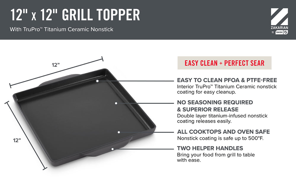 ures of the 12”x12” Grill Topper include PFOA and PTFE-free nonstick coating, no seasoning required & superior release, safe for all cooktops and ovens, and 2 helper handles. 