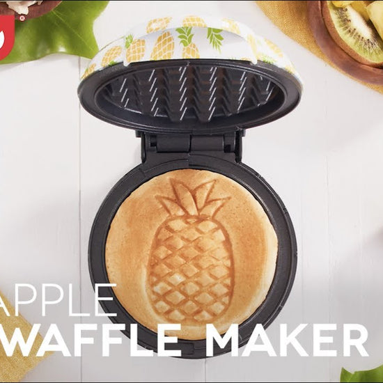 Four inch waffles with a pineapple shape are shown in the mini waffle maker.