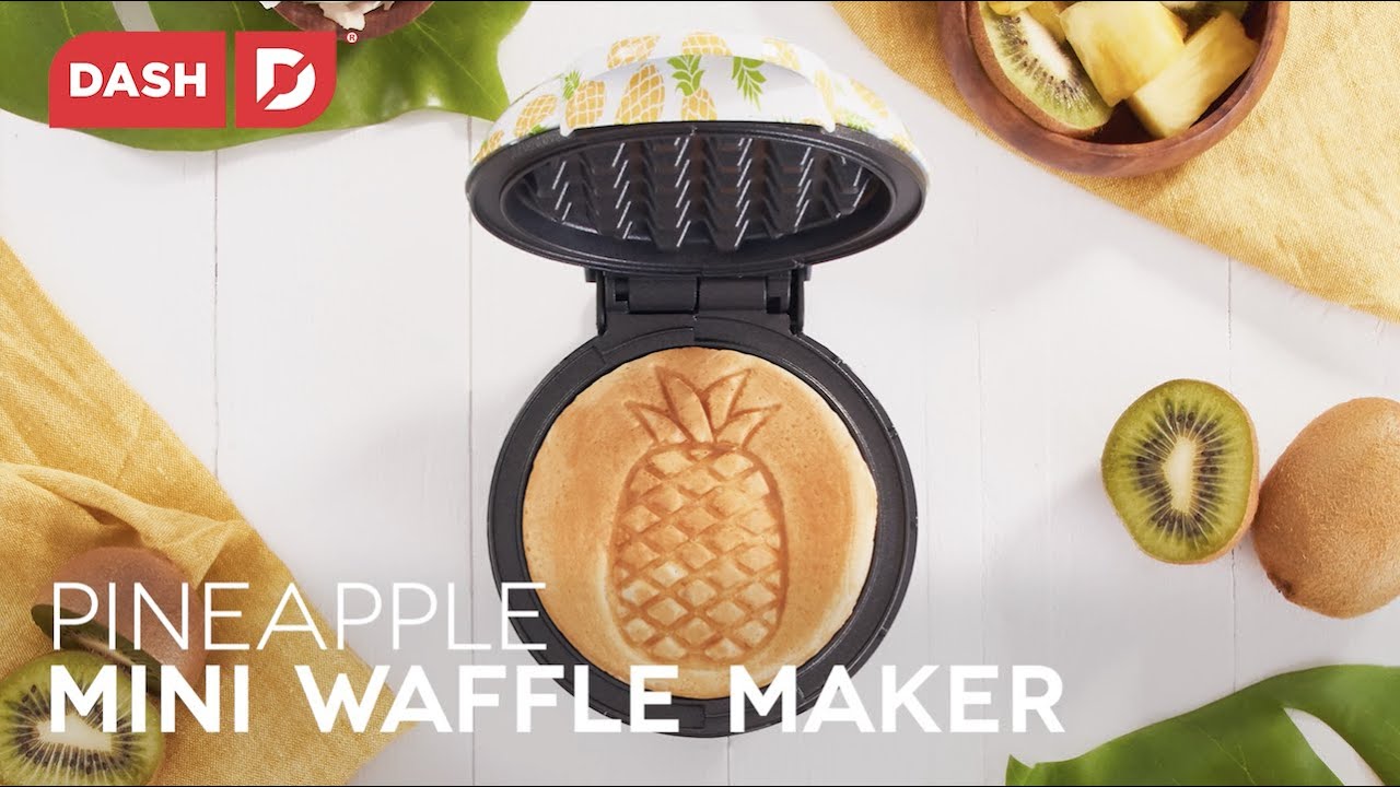 Four inch waffles with a pineapple shape are shown in the mini waffle maker.