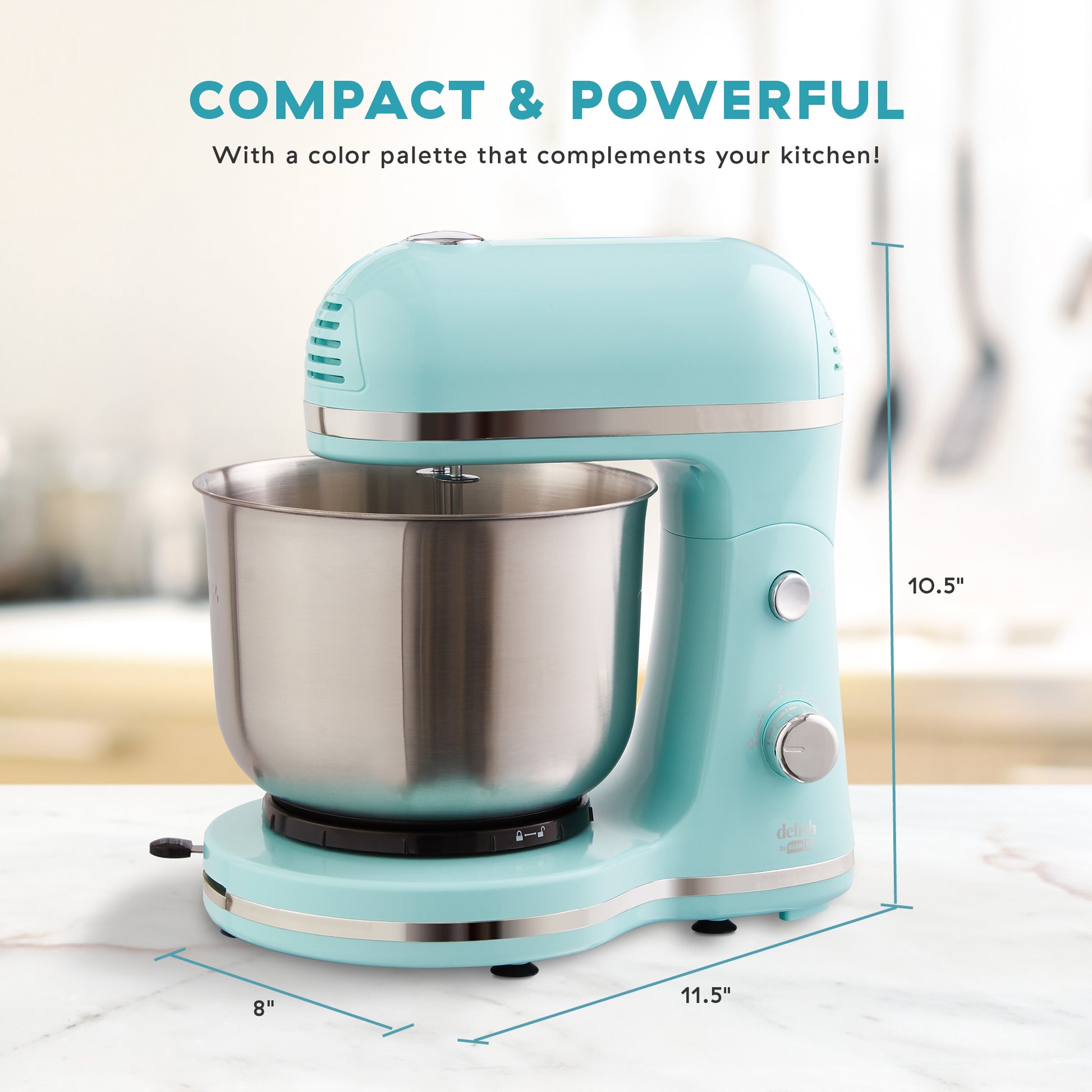 Delish by Dash Compact Stand Mixer, 3.5 Quart with Beaters & Dough Hooks Included - Blue