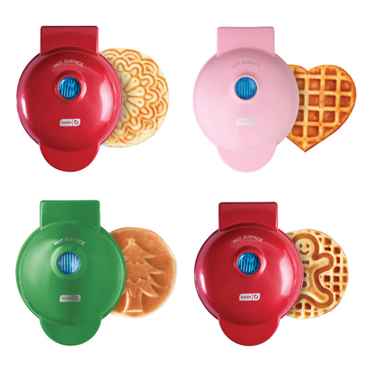 Holiday Mini Maker Set of Four Waffle Maker Support Pizzelle + Heart + Christmas Tree + Gingerbread  