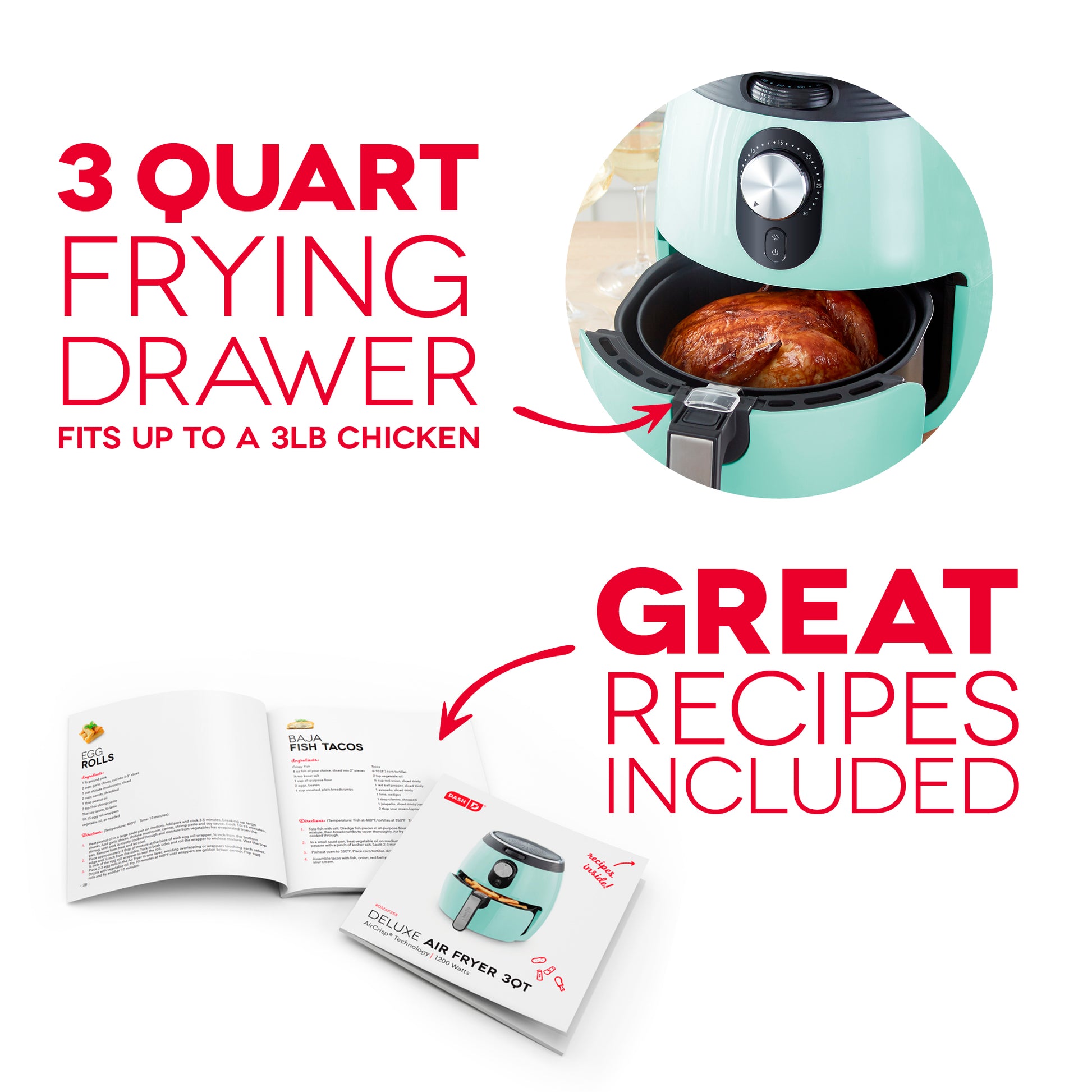 DASH Compact Air Fryer Oven Cooker with Temperature Control, Non-stick Fry  Basket, Recipe Guide + Auto Shut off Feature, 2 Quart - Aqua