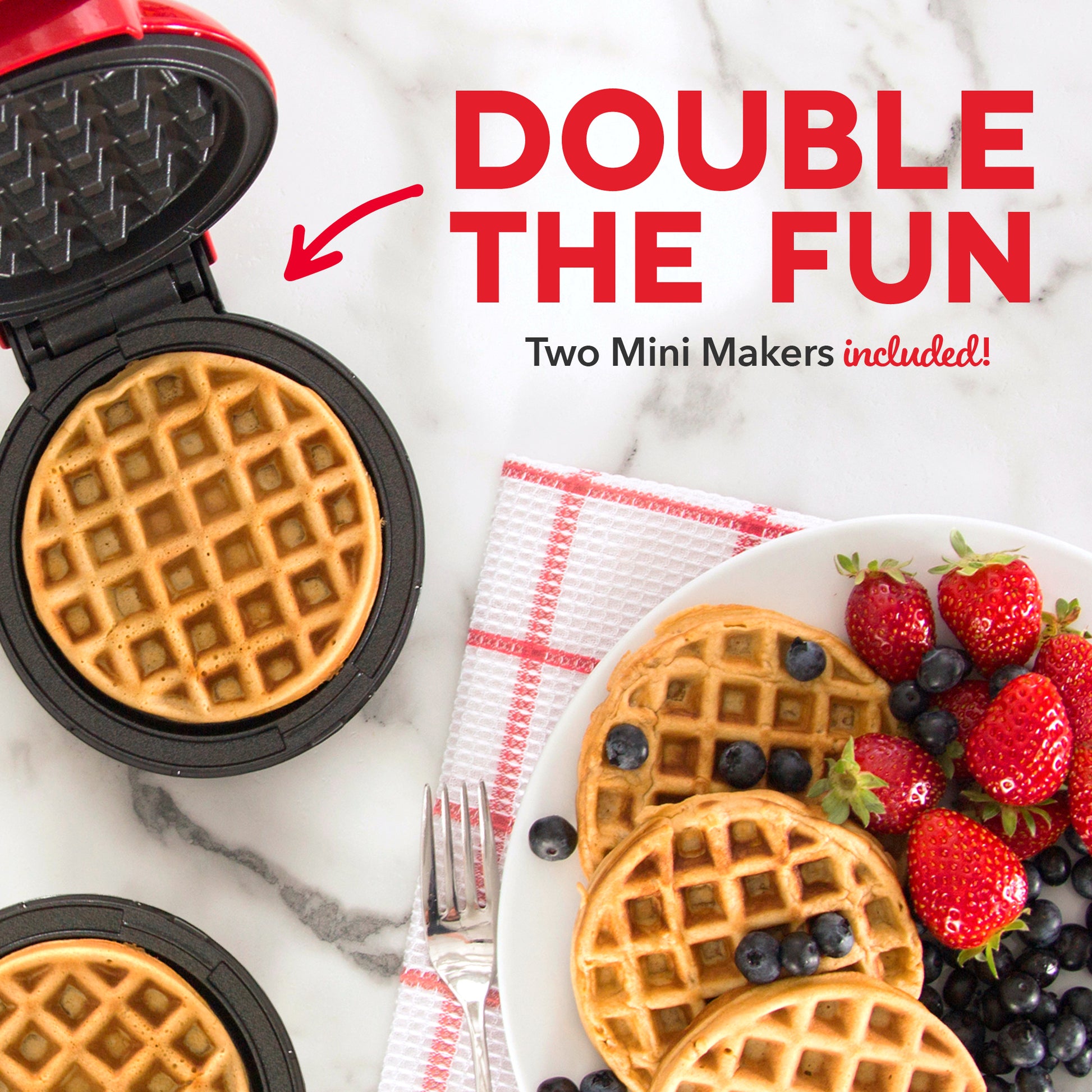 Dash Mini Waffle Maker (2 Pack) for Individual Waffles Hash Browns, Keto Chaffles with Easy to Clean, Non-Stick Surfaces, 4 inch, Red