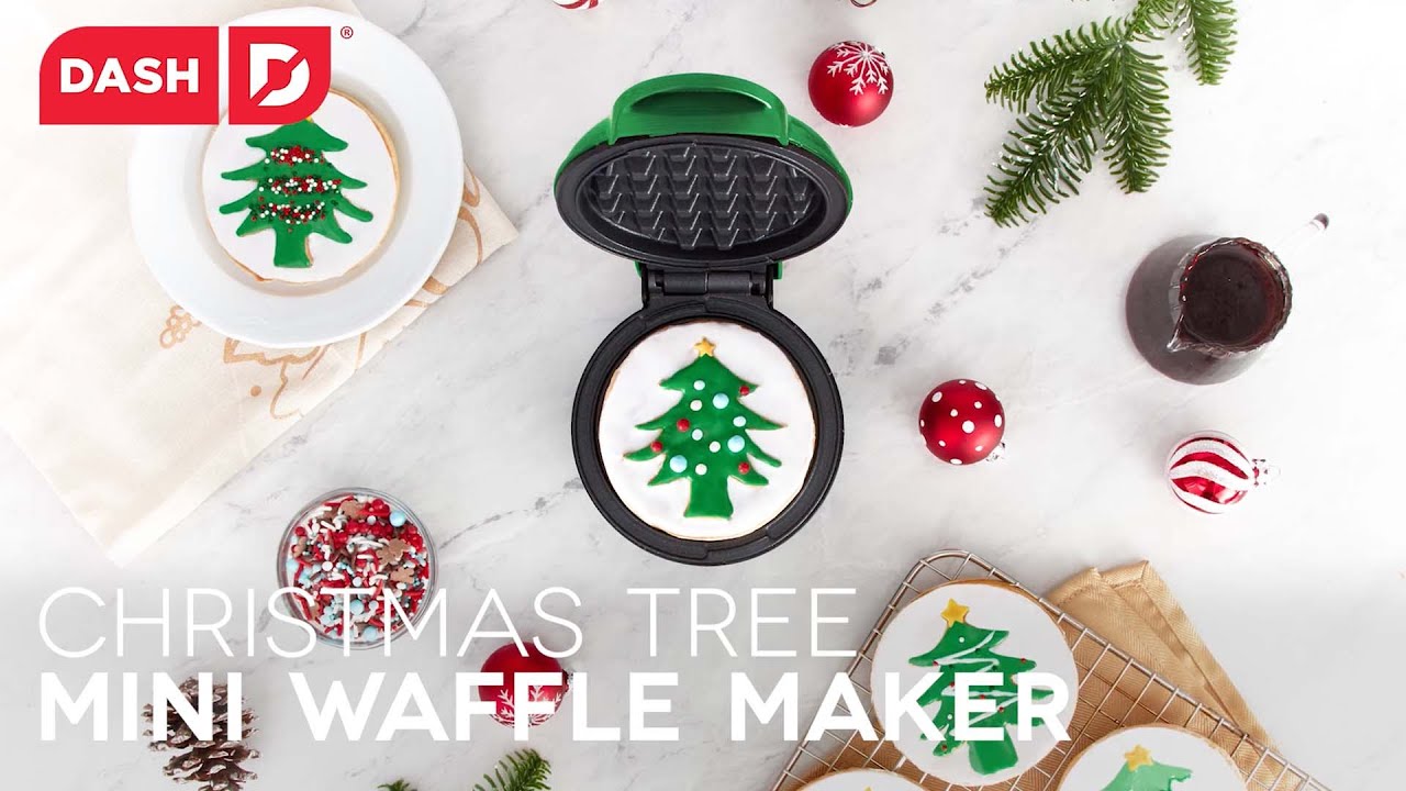 Photos of the Christmas Tree Mini Waffle Maker are shown with decorated waffles.